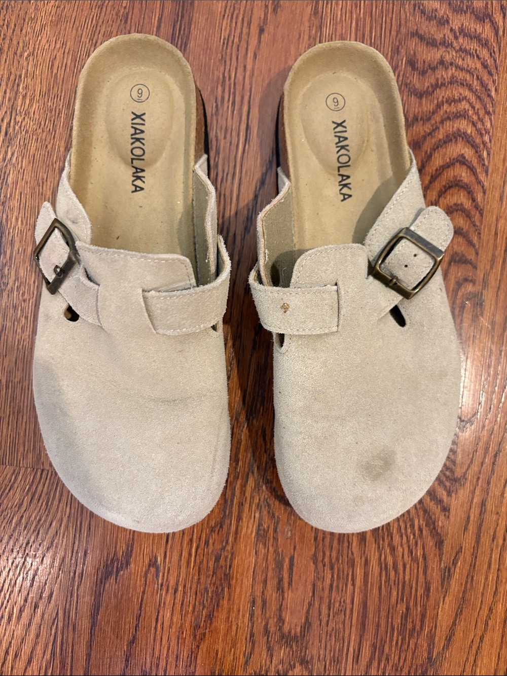 Women's Beige Suede Buckle Clog Mules